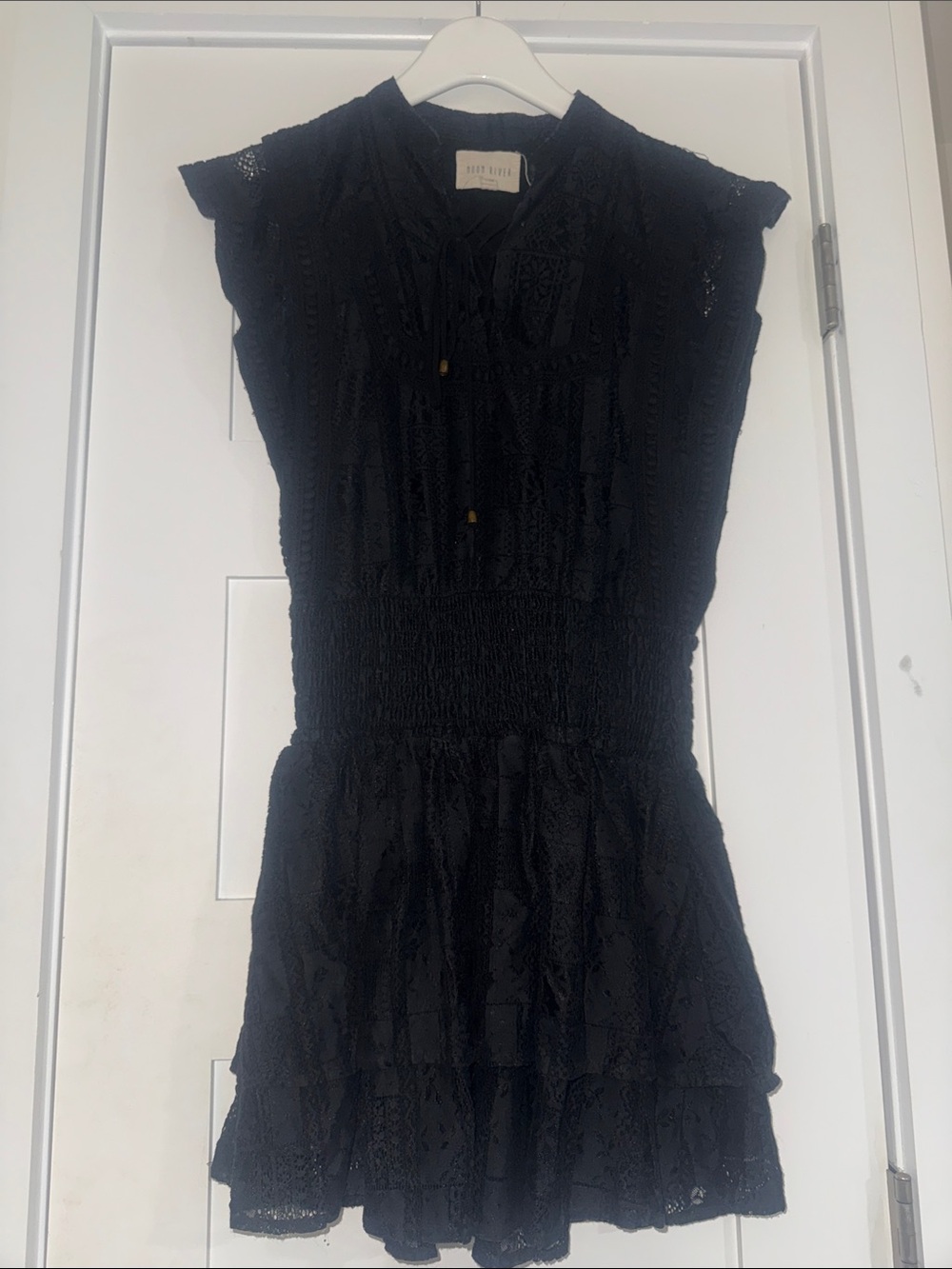 Moon River Black Lace Smocked Mini Dress